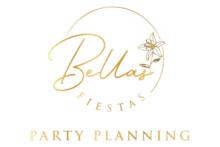 A gold foil logo that says bella fiestas party planning.